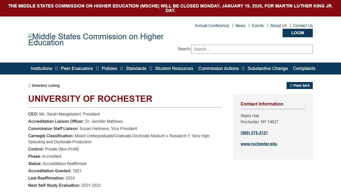 University of Rochester - Statement of Accreditation Status